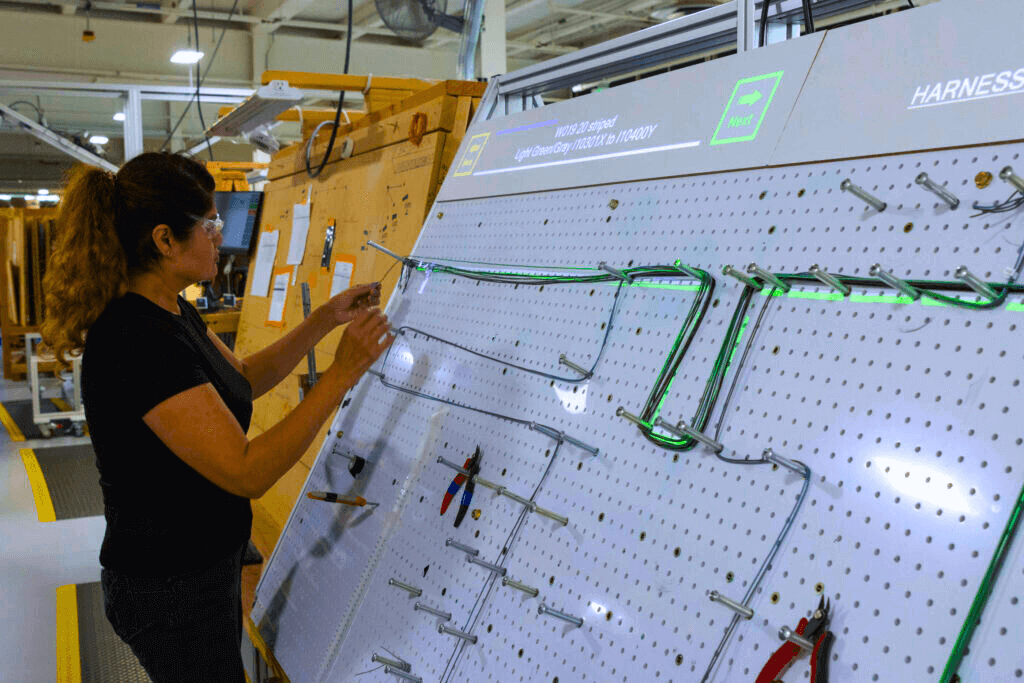 EV wire harness routing on pegboard with projected augmented reality work instructions