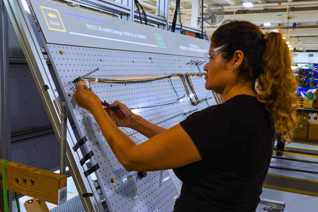 EV wire harness routing on pegboard with augmented reality