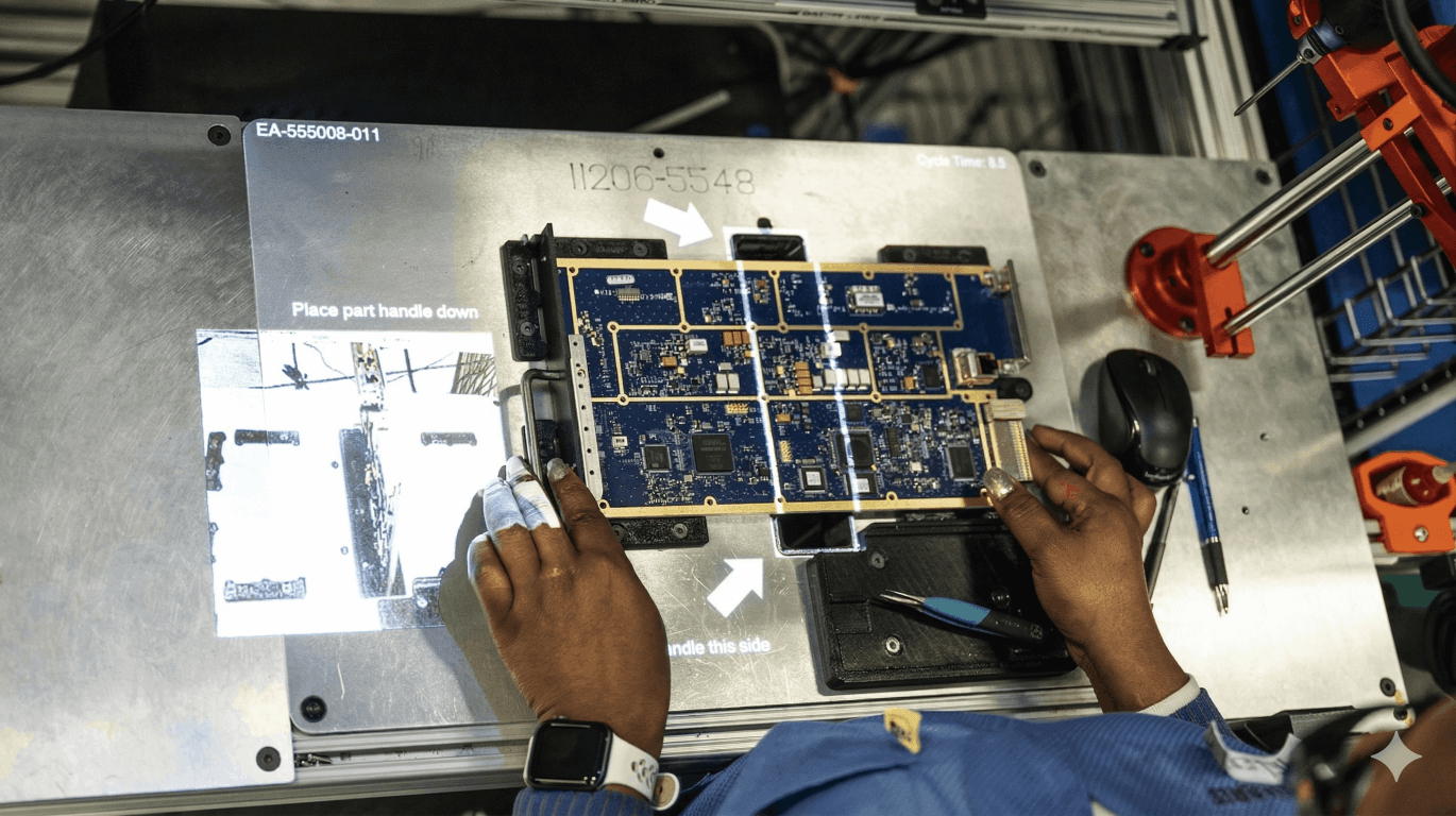 Over-the-shoulder look at manufacturer at L3Harris assembling electronics with LightGuide projected augmented reality work instructions