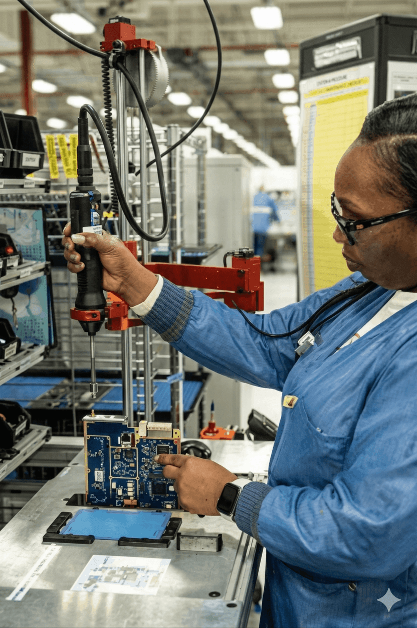 Manufacturer at L3Harris assembling electronics with LightGuide projected augmented reality work instructions and smart torque tool